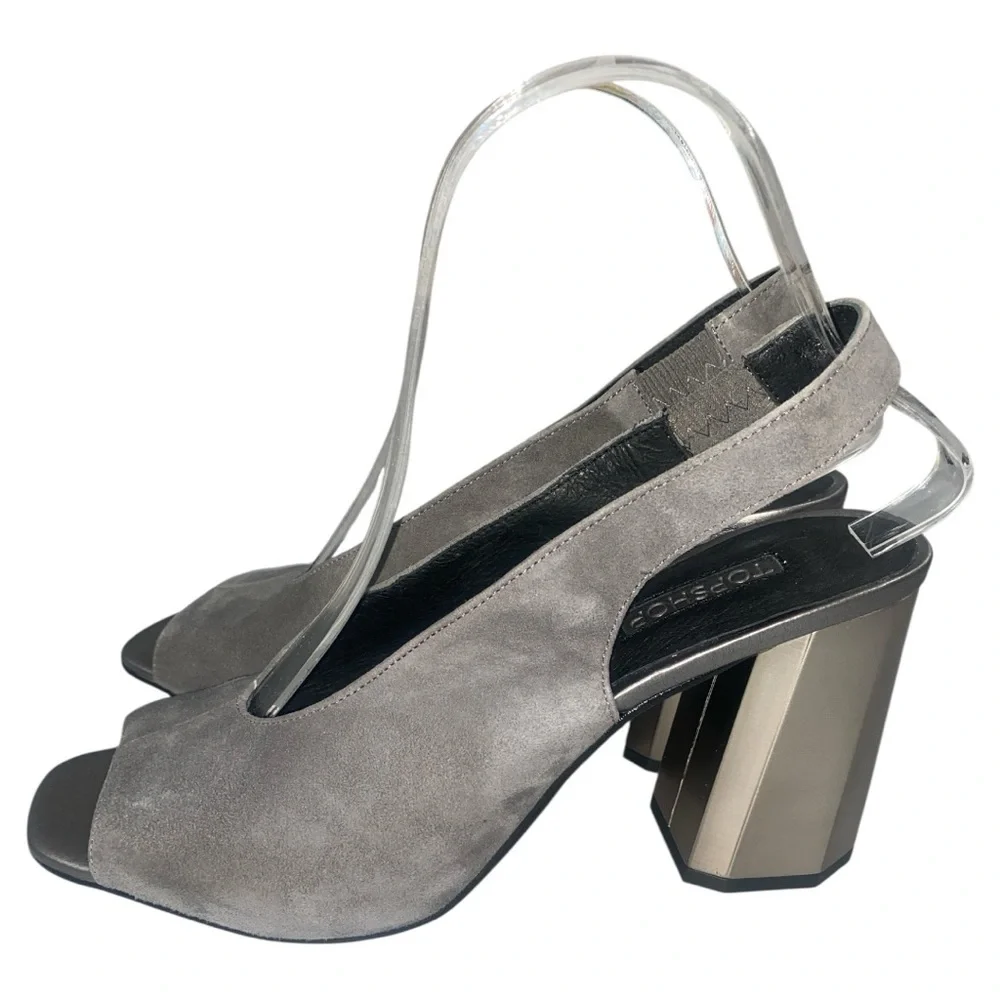Topshop Roxy Gray Suede Slingback Size 9 Square Toe Metallic Octagon Heel